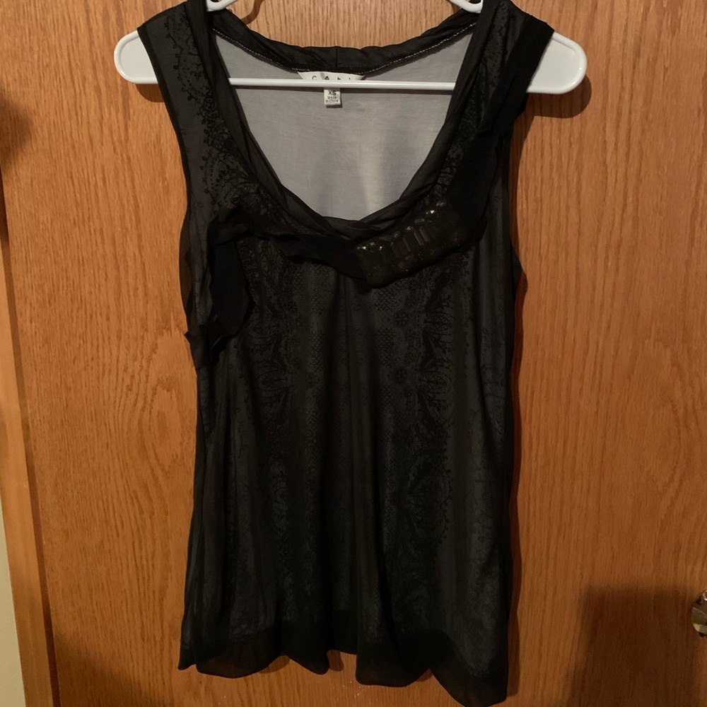 CAbi XS Rhinestone Black Lace Sleeveless Top, Used Good Condition